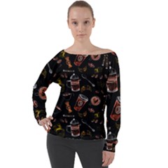 Coffee Watercolor Background Off Shoulder Long Sleeve Velour Top by Amaryn4rt