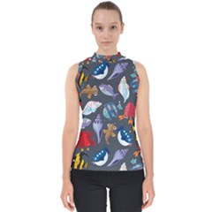 Sea Animals Pattern Wallpaper Fish Mock Neck Shell Top by Amaryn4rt