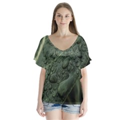 Leaves Water Drops Green  V-neck Flutter Sleeve Top by artworkshop