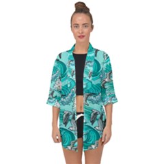 Sea Waves Seamless Pattern Open Front Chiffon Kimono by Wegoenart