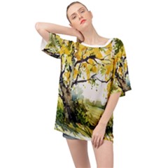 Landscape Painting Meadow Garden Oversized Chiffon Top by Wegoenart