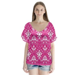 Pink  Lace Decorative Ornament - Pattern 14th And 15th Century - Italy Vintage V-neck Flutter Sleeve Top by ConteMonfrey