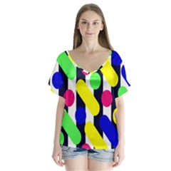 Illustration Geometric Form Circle Line Pattern V-neck Flutter Sleeve Top by Wegoenart