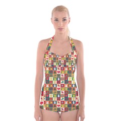 Illustration Template Christmas Pattern Boyleg Halter Swimsuit  by Wegoenart