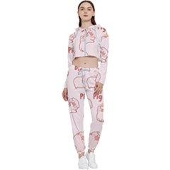 Pig Cartoon Background Pattern Cropped Zip Up Lounge Set by Sudhe
