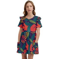 Leaves Pattern Wallpaper Seamless Kids  Frilly Sleeves Pocket Dress by Sudhe
