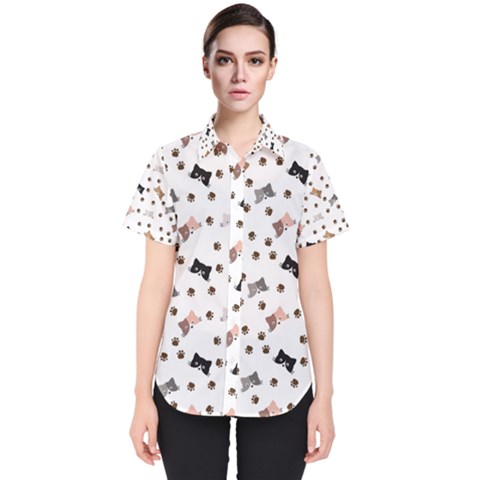 Illustration Cartoon Cat Paw Background Pattern Cute Women s Short Sleeve Shirt by Amaryn4rt