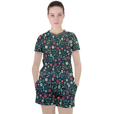 Flowering Branches Seamless Pattern Women s Tee And Shorts Set by Zezheshop