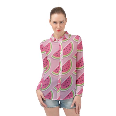 Pink Melon Wayermelon Pattern Food Fruit Melon Long Sleeve Chiffon Shirt by Ravend