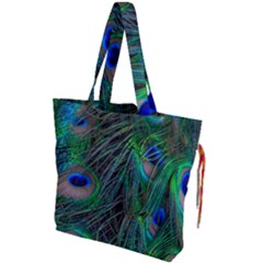 Beautiful Peacock Feathers Drawstring Tote Bag by Ravend
