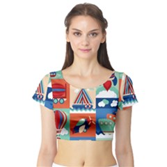 Toy Transport Cartoon Seamless-pattern-with-airplane-aerostat-sail Yacht Vector Illustration Short Sleeve Crop Top by Jancukart