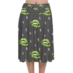 Green Vampire Mouth - Halloween Modern Decor Velvet Flared Midi Skirt by ConteMonfrey