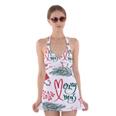 Merry Xmas Seamless Christmas Pattern Halter Dress Swimsuit  by danenraven