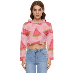 Background Watermelon Pattern Fruit Women s Lightweight Cropped Hoodie by Wegoenart