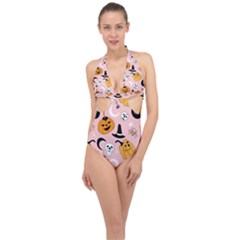 Pumpkin Cat Pattern Skull Halter Front Plunge Swimsuit by Wegoenart