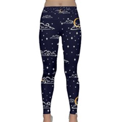 Hand Drawn Scratch Style Night Sky With Moon Cloud Space Among Stars Seamless Pattern Vector Design Classic Yoga Leggings by Ravend