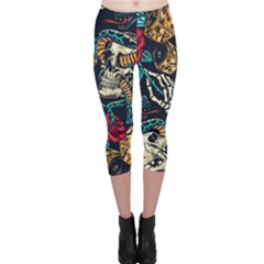 Vintage Art Tattoos Colorful Seamless Pattern Capri Leggings  by Ravend
