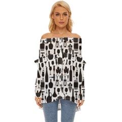 Wine Pattern Black White Off Shoulder Chiffon Pocket Shirt by Jancukart