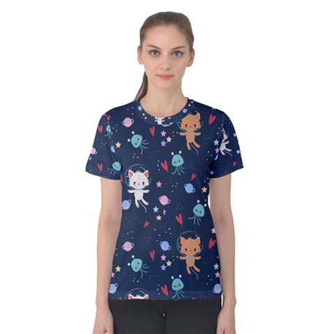 Cute-astronaut-cat-with-star-galaxy-elements-seamless-pattern Women s Cotton Tee by Jancukart