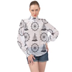 Marine-nautical-seamless-pattern-with-vintage-lighthouse-wheel High Neck Long Sleeve Chiffon Top by Jancukart