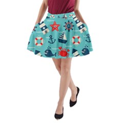Seamless-pattern-nautical-icons-cartoon-style A-line Pocket Skirt by Jancukart
