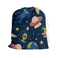 Seamless Pattern With Funny Alien Cat Galaxy Drawstring Pouch (2xl) by Wegoenart