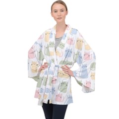 Cute-cat-colorful-cartoon-doodle-seamless-pattern Long Sleeve Velvet Kimono  by Wegoenart