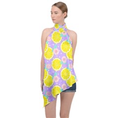 Purple Lemons  Halter Asymmetric Satin Top by ConteMonfrey