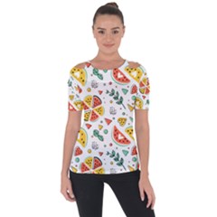 Seamless-hipster-pattern-with-watermelons-mint-geometric-figures Shoulder Cut Out Short Sleeve Top by Wegoenart