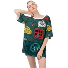 Seamless-pattern-hand-drawn-with-vehicles-buildings-road Oversized Chiffon Top by Wegoenart