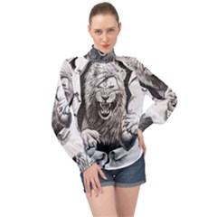 Drawing Angry Male Lion Roar Animal High Neck Long Sleeve Chiffon Top by danenraven