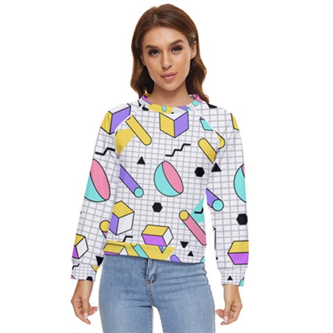 Tridimensional-pastel-shapes-background-memphis-style Women s Long Sleeve Raglan Tee by Wegoenart