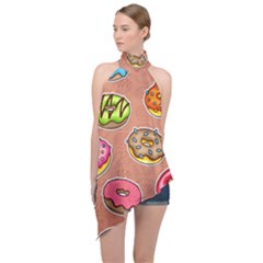 Doughnut Doodle Colorful Seamless Pattern Halter Asymmetric Satin Top by Wegoenart