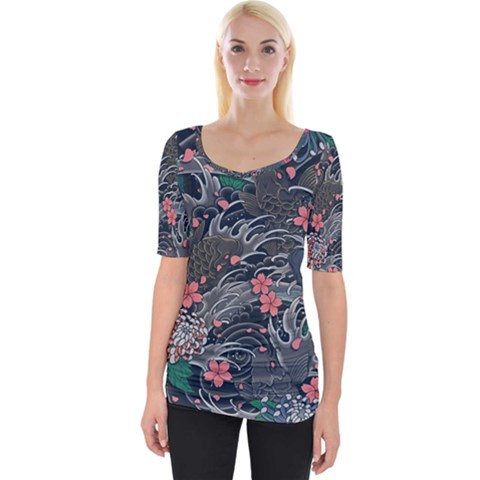 Japanese Wave Koi Illustration Seamless Pattern Wide Neckline Tee by Wegoenart