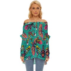 Vintage Colorful Insects Seamless Pattern Off Shoulder Chiffon Pocket Shirt by Wegoenart
