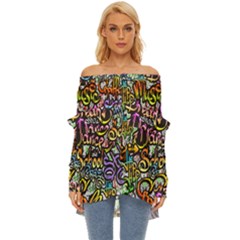 Graffiti Word Seamless Pattern Off Shoulder Chiffon Pocket Shirt by Wegoenart