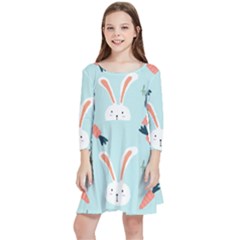 Bunny Carrot Pattern Background Kids  Quarter Sleeve Skater Dress by Wegoenart