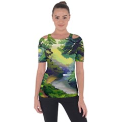 Landscape Illustration Nature Painting Shoulder Cut Out Short Sleeve Top by Wegoenart