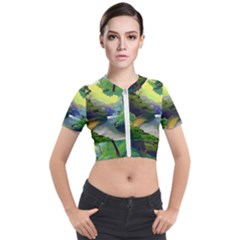 Landscape Illustration Nature Painting Short Sleeve Cropped Jacket by Wegoenart