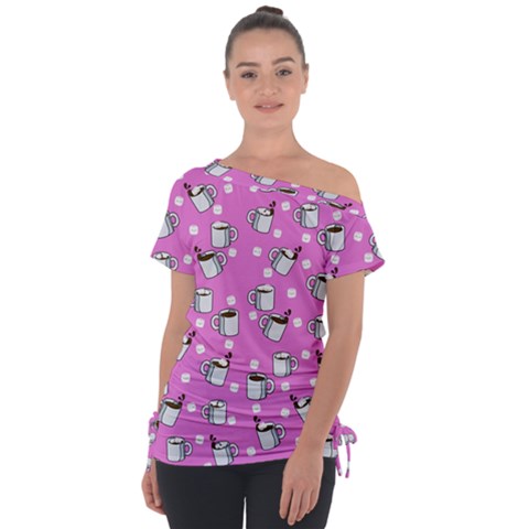 Coffee Chocolate Milk Drink Hot Off Shoulder Tie-up Tee by Wegoenart