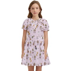 Puppies Dog Pattern Drawing Kids  Bow Tie Puff Sleeve Dress by Wegoenart