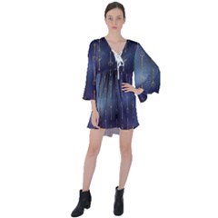 Trident On Blue Ocean  V-neck Flare Sleeve Mini Dress by ConteMonfrey