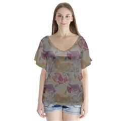 Pattern-tsit V-neck Flutter Sleeve Top by Gohar