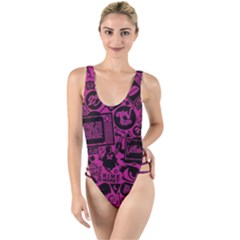 Pink And Black Logo Illustration High Leg Strappy Swimsuit by danenraven