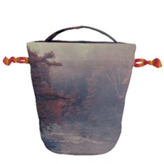 Morning River Forest Autumn Misty Morning Stream Drawstring Bucket Bag by danenraven