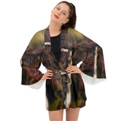 Waterfall Cascade Mountains Cliffs Northern Lights Long Sleeve Kimono by danenraven