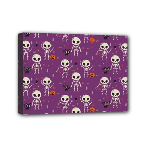 Background Halloween Pattern Pumpkin Skeleton Bat Mini Canvas 7  X 5  (stretched) by Ravend