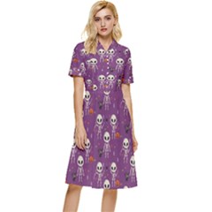 Background Halloween Pattern Pumpkin Skeleton Bat Button Top Knee Length Dress by Ravend