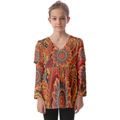 Bright Seamless Pattern-with-paisley-mehndi-elements-hand-drawn-wallpaper-with-floral-traditional-in Kids  V Neck Casual Top by BangZart