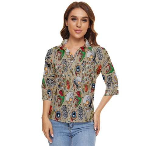 Tattoo Pattern Women s Quarter Sleeve Pocket Shirt by Pakemis